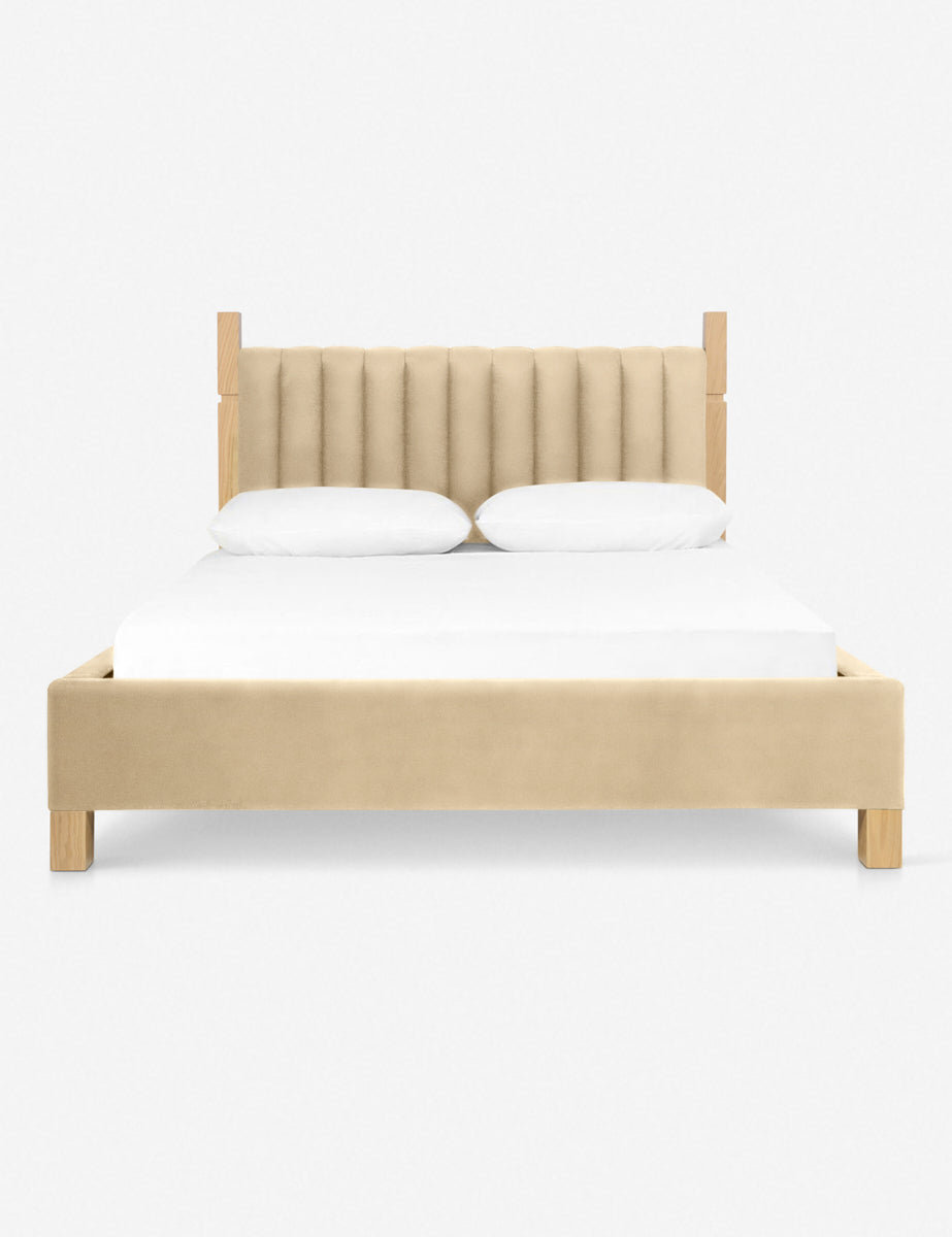 #size::cal-king #size::king #color::brie-classic-velvet #size::queen | Ambleside Brie Beige Velvet upholstered bed with a wood-post bed frame and a headboard with vertical channeling by Ginny Macdonald