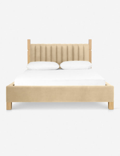 #size::cal-king #size::king #color::brie-velvet #size::queen | Ambleside Brie Beige Velvet upholstered bed with a wood-post bed frame and a headboard with vertical channeling by Ginny Macdonald
