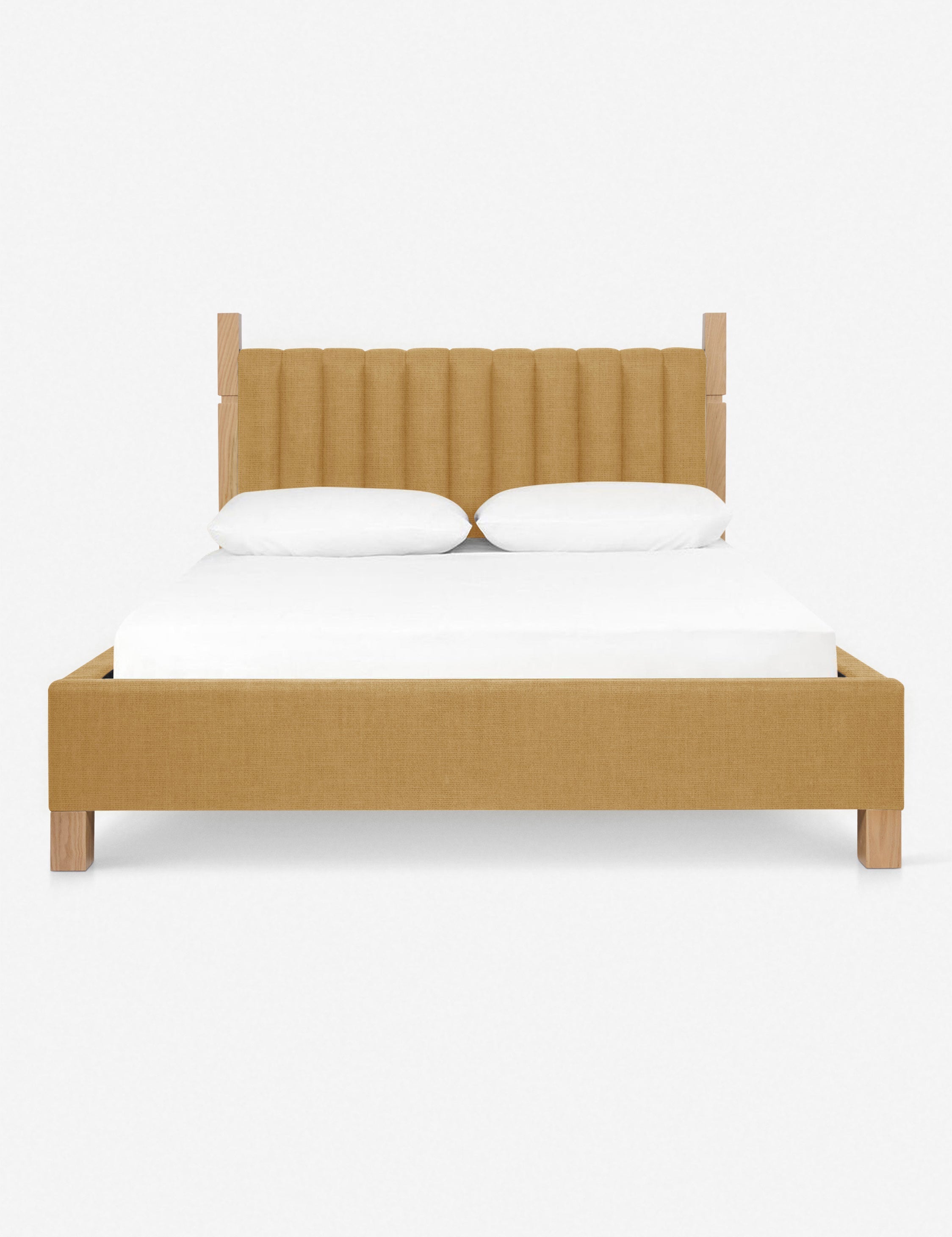 #size::cal-king #size::king #color::camel-linen #size::queen | Ambleside Camel Orange Linen upholstered bed with a wood-post bed frame and a headboard with vertical channeling by Ginny Macdonald