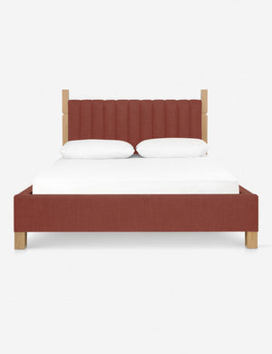 Ambleside Terracotta Linen upholstered bed with a wood-post bed frame and a headboard with vertical channeling by Ginny Macdonald