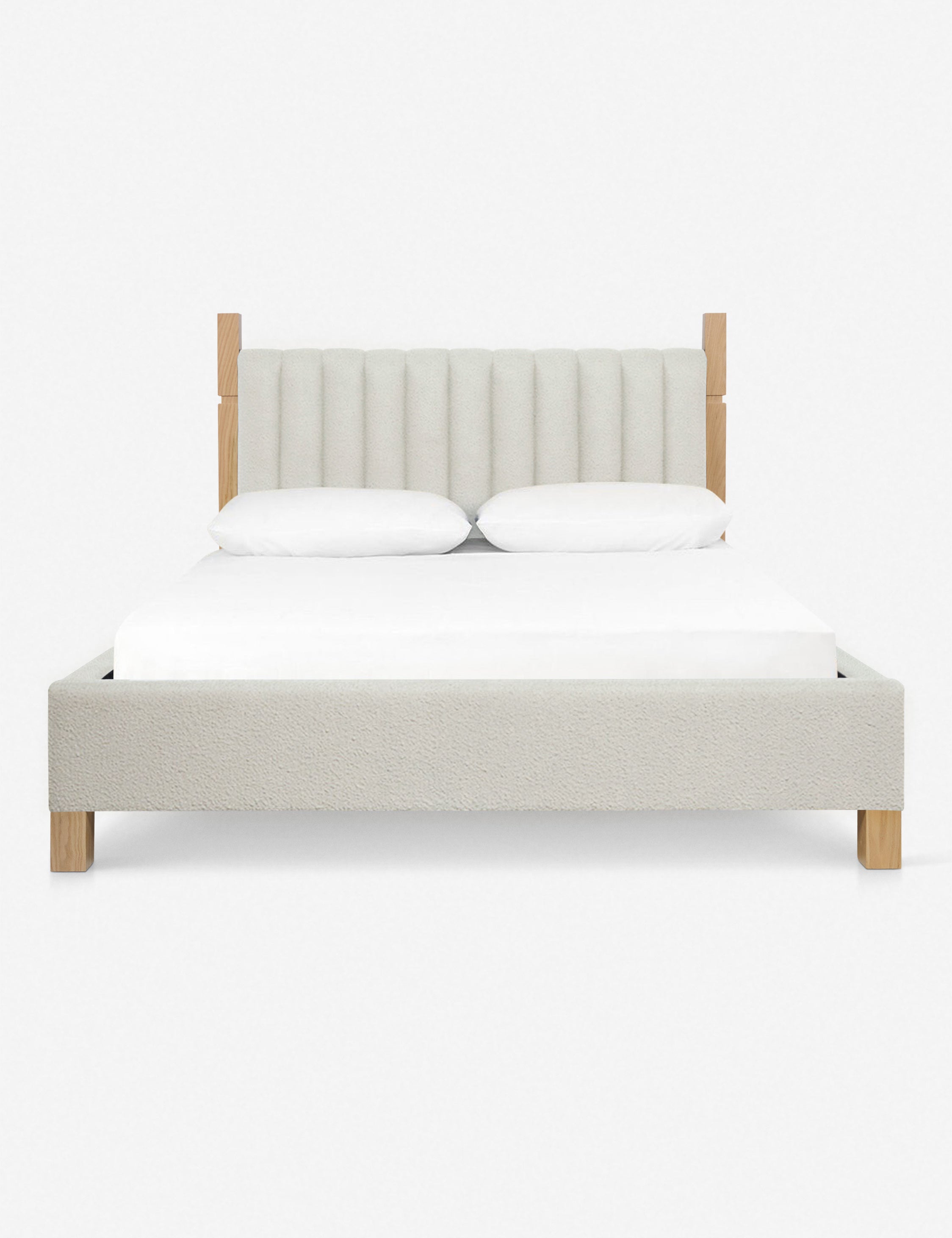 #size::cal-king #size::king #color::taupe-boucle #size::queen | Ambleside Taupe Boucle upholstered bed with a wood-post bed frame and a headboard with vertical channeling by Ginny Macdonald