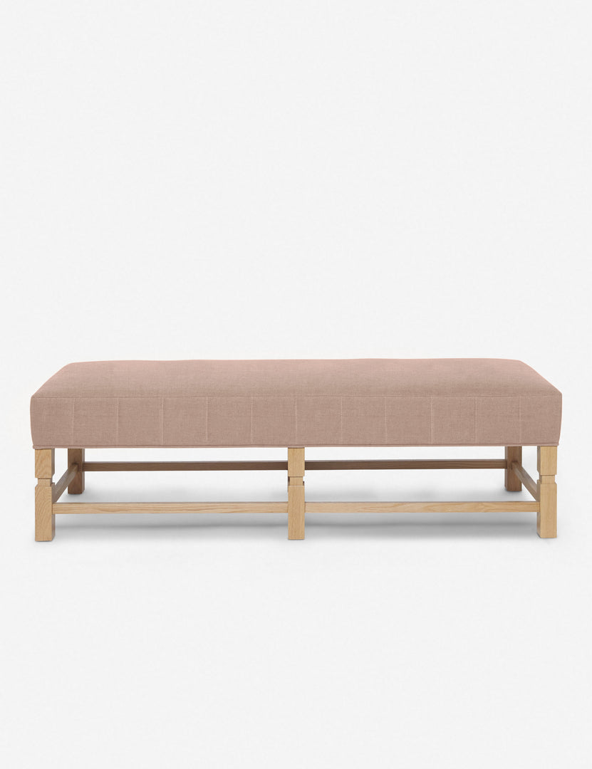 #color::apricot-linen | Ambleside Apricot Linen upholstered bench with carved detailing on the frame and vertical channeling around the cushion by Ginny Macdonald