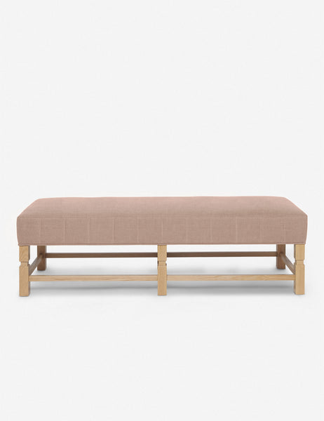 #color::apricot-linen | Ambleside Apricot Linen upholstered bench with carved detailing on the frame and vertical channeling around the cushion by Ginny Macdonald
