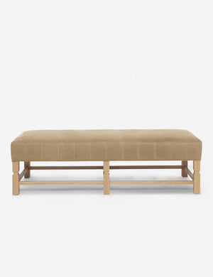 Ambleside Brie beige Velvet upholstered bench with carved detailing on the frame and vertical channeling around the cushion by Ginny Macdonald