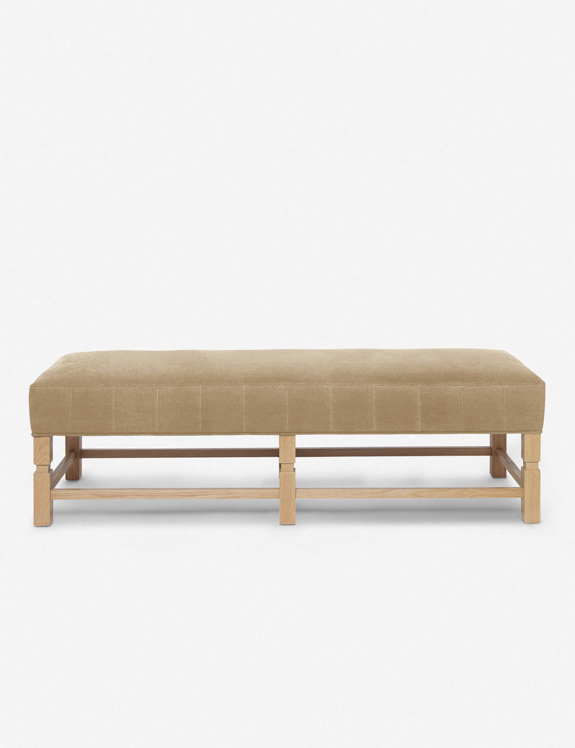#color::brie-velvet | Ambleside Brie beige Velvet upholstered bench with carved detailing on the frame and vertical channeling around the cushion by Ginny Macdonald