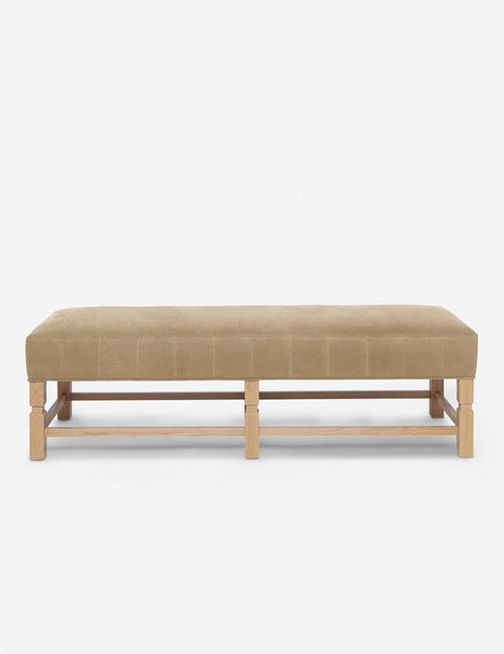 #color::brie-velvet | Ambleside Brie beige Velvet upholstered bench with carved detailing on the frame and vertical channeling around the cushion by Ginny Macdonald