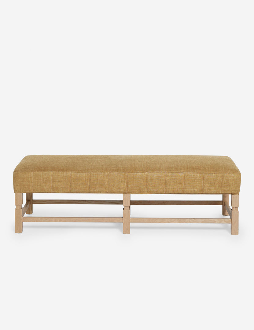 #color::camel-linen | Ambleside Camel Linen upholstered bench with carved detailing on the frame and vertical channeling around the cushion by Ginny Macdonald