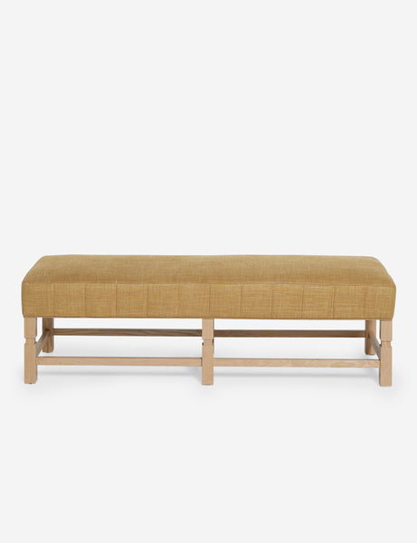 #color::camel-linen | Ambleside Camel Linen upholstered bench with carved detailing on the frame and vertical channeling around the cushion by Ginny Macdonald