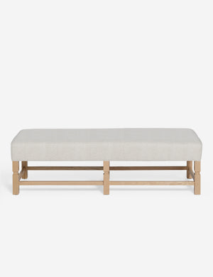 Ambleside Taupe Boucle upholstered bench with carved detailing on the frame and vertical channeling around the cushion by Ginny Macdonald