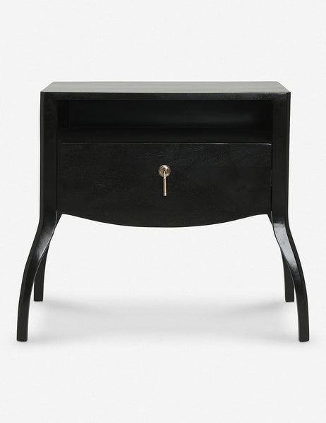 | Anabella black wood nightstand with an open shelf and silver pull