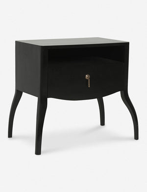 Angled view of the Anabella black wood nightstand