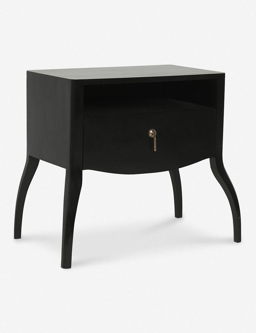 | Angled view of the Anabella black wood nightstand 