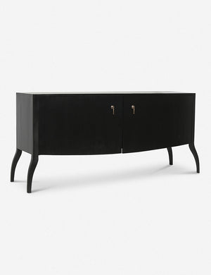 Angled view of the Anabella black wood console table with silver drawer pulls