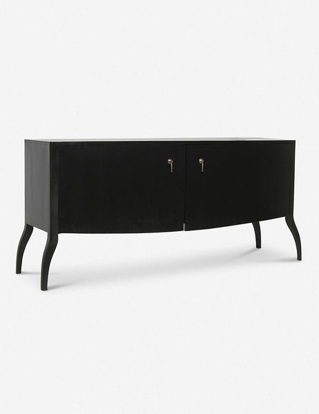 | Angled view of the Anabella black wood console table with silver drawer pulls