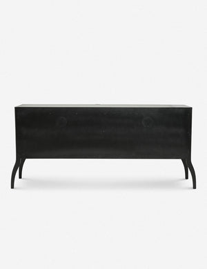 Rear view of the Anabella black wood console table with silver drawer pulls