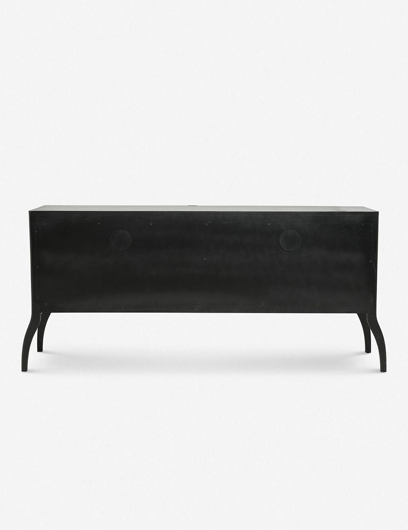 | Rear view of the Anabella black wood console table with silver drawer pulls
