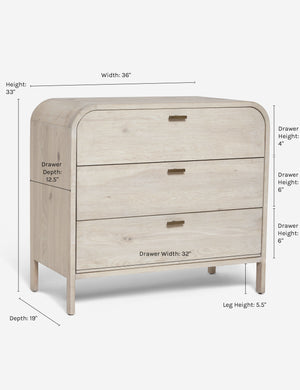 Dimensions on the Brooke 3-drawer white-washed oak dresser
