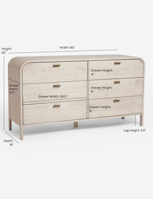 Dimensions on the Brooke whitewashed oak 6-drawer rounded dresser with iron drawer pulls