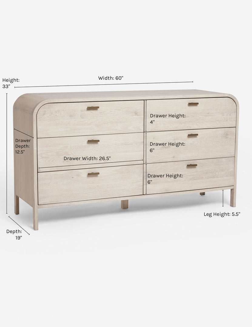 #color::black #color::natural | Dimensions on the Brooke whitewashed oak 6-drawer rounded dresser with iron drawer pulls