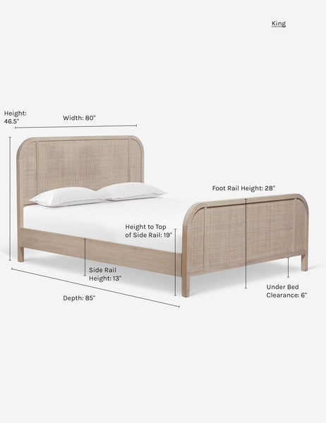 #color::natural #size::king | Dimensions on the Brooke king sized whitewashed platform bed with cane paneling