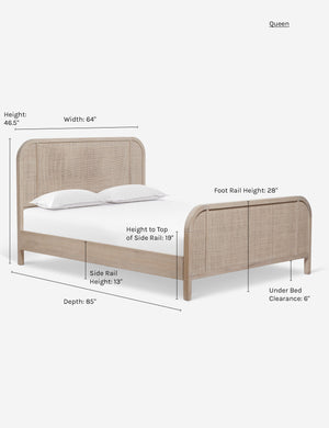 Dimensions on the Brooke queen sized whitewashed platform bed with cane paneling
