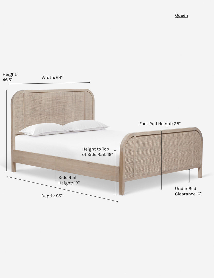 #color::natural #size::queen | Dimensions on the Brooke queen sized whitewashed platform bed with cane paneling