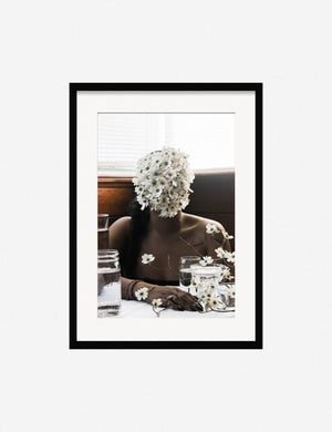 Southern Woman in White Dogwoods Photography Print in a black frame that features a woman with a flower-covered face by Ashley Johnson