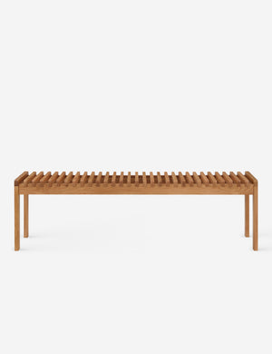 Olson mid-century slatted wood bench in natural oak.