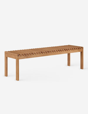 Angled view of the Olson mid-century slatted wood bench in natural oak.
