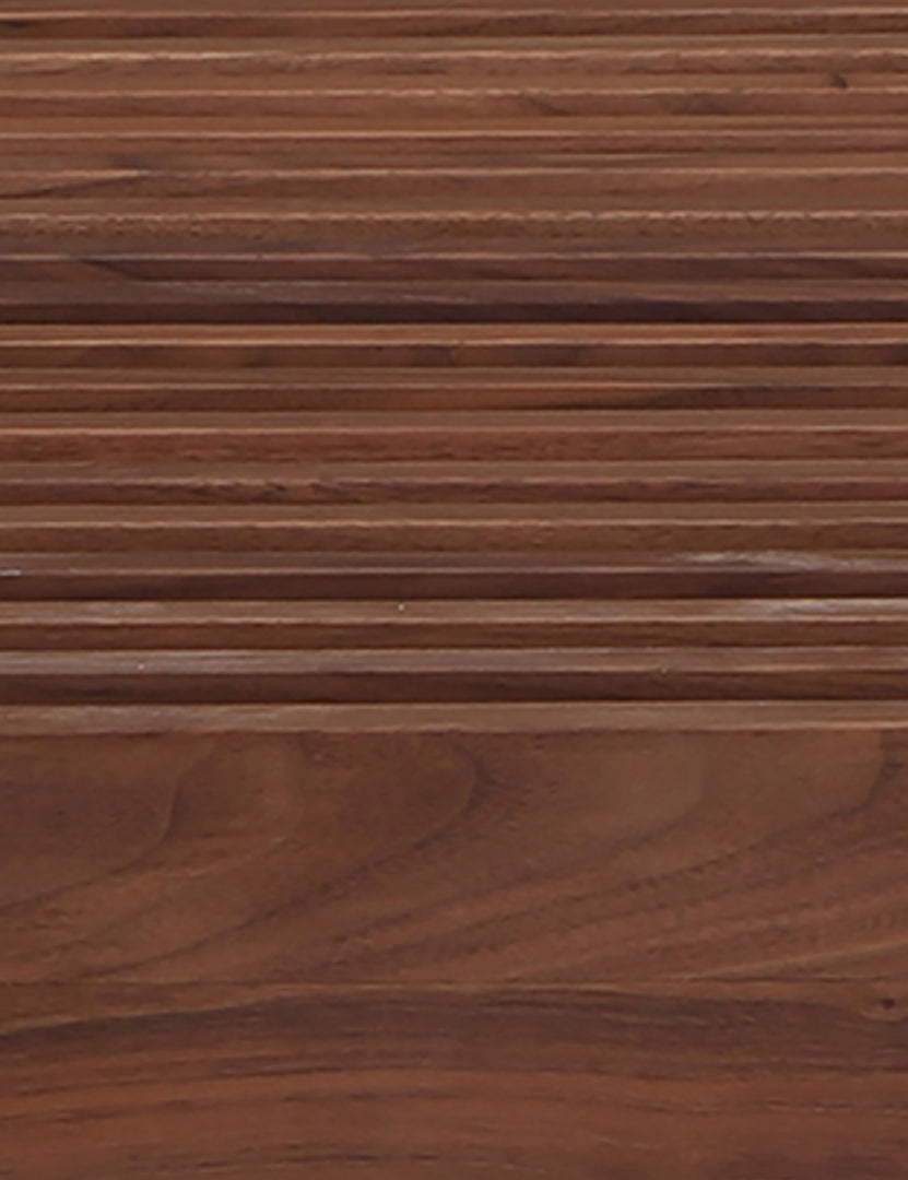 #color::walnut | Close up view of the Olson mid-century slatted wood bench in walnut.