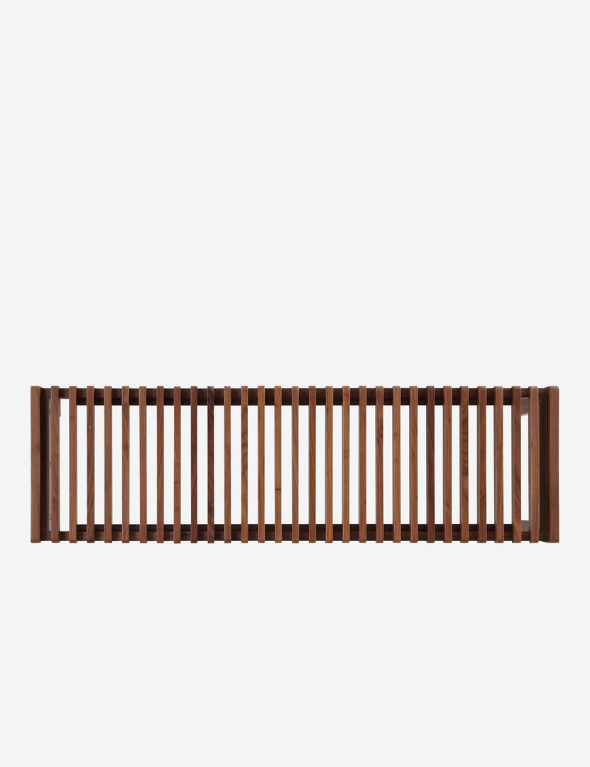 #color::walnut | Overhead view of the Olson mid-century slatted wood bench in walnut.