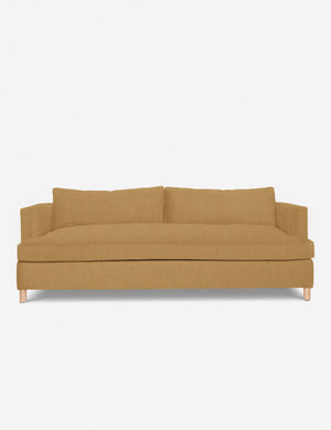 Camel Linen Belmont Sofa with curved back and oversized cushions by Ginny Macdonald