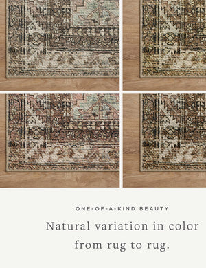 Four corner shots of the Billie Rug in clay and sage by Amber Lewis x Loloi highlighting the natural variation in color