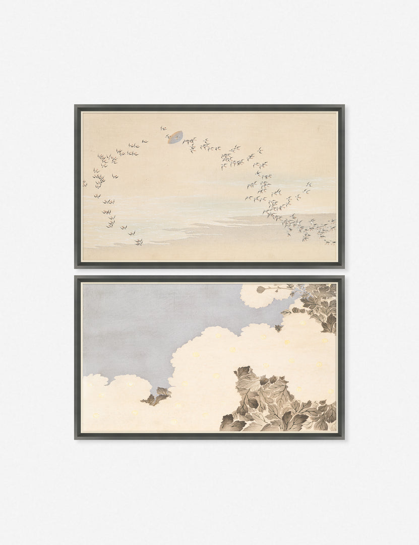 | Summer skies wall art set of 2, the first image featuring a flock of birds and the second featuring a botanical canopy