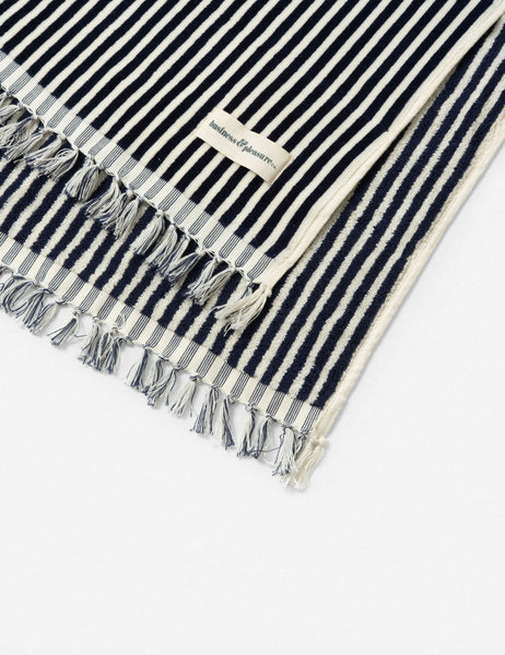 #color::navy-stripe #style::navy-stripe | Close-up of the fringed ends on the Navy and white striped Beach Towel by Business & Pleasure Co 