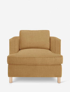 Belmont Camel yellow linen accent chair by Ginny Macdonald with a curved back and oversized plush cushions