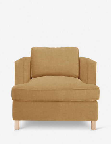 #color::camel-linen | Belmont Camel yellow linen accent chair by Ginny Macdonald with a curved back and oversized plush cushions