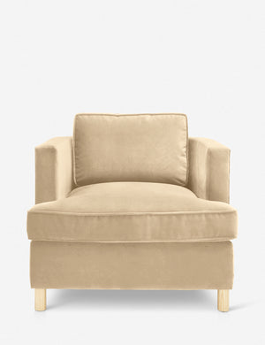 Belmont Brie beige velvet accent chair by Ginny Macdonald with a curved back and oversized plush cushions