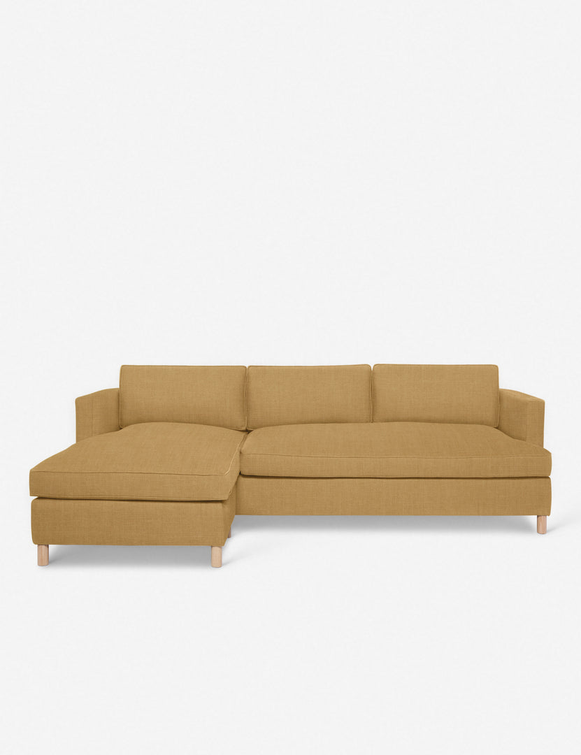 #color::camel-linen #configuration::left-facing | Belmont Camel Orange Linen left-facing sectional sofa by Ginny Macdonald with a curved back and oversized cushions