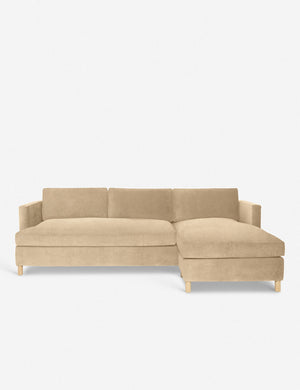 Belmont Brie Beige Velvet right-facing sectional sofa by Ginny Macdonald with a curved back and oversized cushions