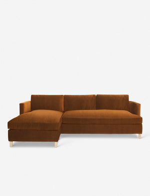 Belmont cognac velvet left-facing sectional sofa by Ginny Macdonald with a curved back and oversized cushions