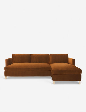 Belmont cognac velvet right-facing sectional sofa by Ginny Macdonald with a curved back and oversized cushions