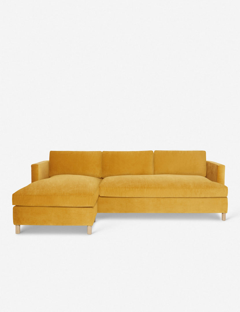 #color::goldenrod-velvet #configuration::left-facing | Belmont Goldenrod Velvet left-facing sectional sofa by Ginny Macdonald with a curved back and oversized cushions