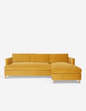 Belmont Goldenrod Velvet right-facing sectional sofa by Ginny Macdonald with a curved back and oversized cushions