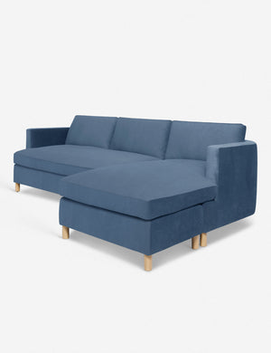 Angled view of the Belmont Harbor Blue Velvet right-facing sectional sofa
