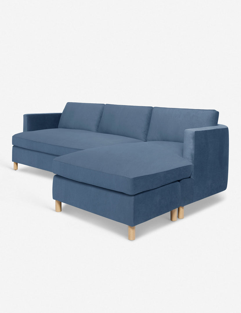 #color::harbor #configuration::right-facing | Angled view of the Belmont Harbor Blue Velvet right-facing sectional sofa