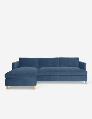 Belmont Harbor Blue Velvet left-facing sectional sofa by Ginny Macdonald with a curved back and oversized cushions
