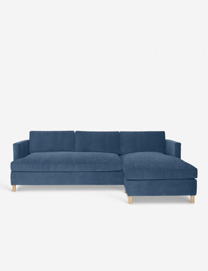 Belmont Harbor Blue Velvet right-facing sectional sofa by Ginny Macdonald with a curved back and oversized cushions