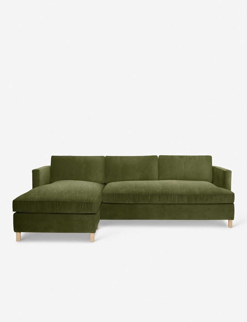 #color::jade #configuration::left-facing | Belmont Jade Green Velvet left-facing sectional sofa by Ginny Macdonald with a curved back and oversized cushions