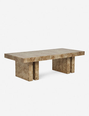 Angled left view of the Brisa rectangular burl wood coffee table with four legs